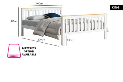 5ft wooden bed & mattress, King / with mattress, White with Caramel Bar