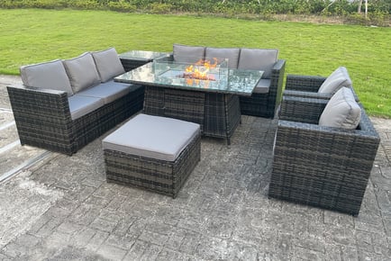 Nine-seater polyrattan sofa set with fire pit table, Light Grey