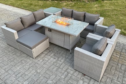 Nine-seater polyrattan sofa set with fire pit table, Light Grey