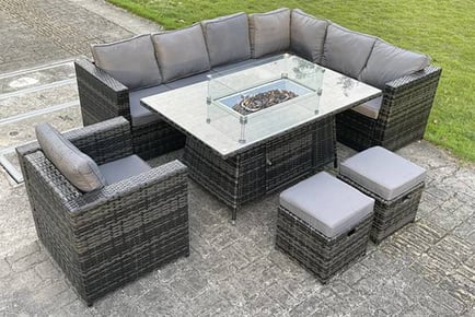 9-Seater Rattan Garden Furniture Set with Fire Pit Table