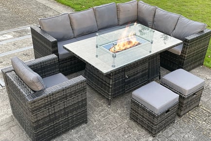 9-Seater Rattan Garden Furniture Set with Fire Pit Table