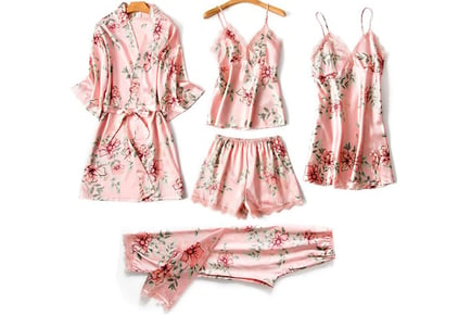 5-Piece Floral Satin Pyjama Set - Black, Blue or Pink
