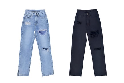 High Waist Straight Leg Ripped Jeans - Black or Blue