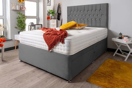 Velvet Divan Bed Set & Headboard with Memory Foam Mattress - 6 Size & 4 Drawer Options