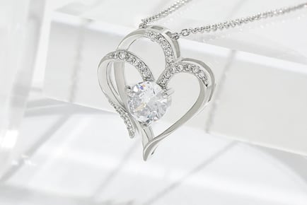 Double Heart Rhinestone Necklace - Rose Gold, Silver