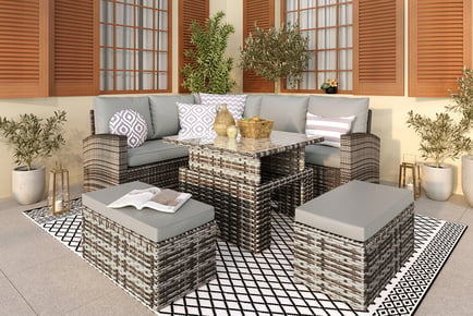 9-Seater Grey Rattan Corner Dining Furniture Set - Adjustable Table