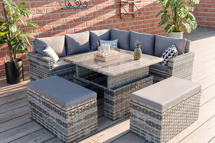 9-Seater Grey Rattan Corner Dining Furniture Set - Adjustable Table