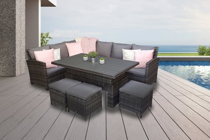 Grey 8-Seater Rattan Garden Furniture & 2-in-1 Dining & Coffee Table