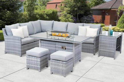 9-Seater Rattan Set w/ Fire Pit & Side Table
