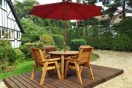 4 Seater Circular Wooden Dining Set with Parasol & Cushions