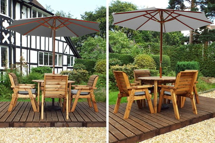 4 Seater Circular Wooden Dining Set with Parasol & Cushions