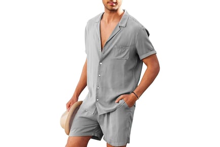 Men's 2 Piece Linen Short Sleeve Shirt and Shorts Set - 4 Colour Options