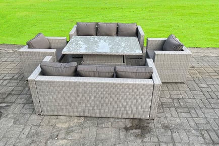 8 Seater Outdoor Rattan Furniture Set with Rising Table and Cushions