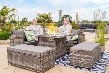 9 Seater Grey Rattan Sofa Set with Firepit Table, Cushions