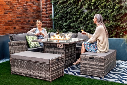9 Seater Grey Rattan Sofa Set with Firepit Table, Cushions