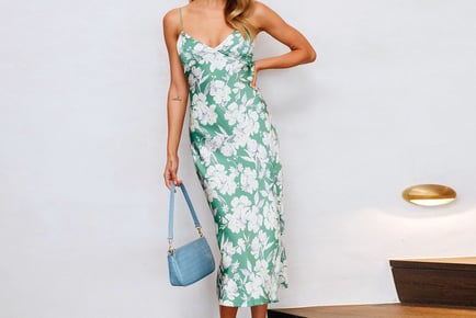 Women's Green Floral Satin Dress - UK Sizes 8-14