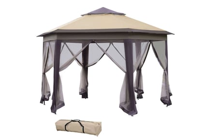 Outsunny Hexagon Patio Gazebo Pop Up Gazebo Double Roof Instant Shelter w/ Netting, 4m x 4m, Grey