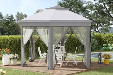 Outsunny Hexagon Patio Gazebo Pop Up Gazebo Double Roof Instant Shelter w/ Netting, 4m x 4m, Grey