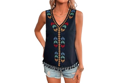 Bohemian Tassel Sleeveless Vest Top - White, Black, Pink or Apricot