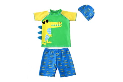 Kids' 3-Piece Matching Swim top, shorts & Cap - Shark or Dinosaur!