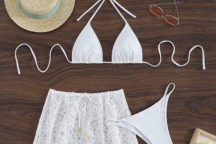 3-Piece Halter Bikini Set with Lace Shorts - 3 Sizes