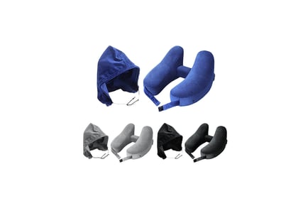 Inflatable Travel Neck Pillow with Hoodie - Black, Blue or Grey