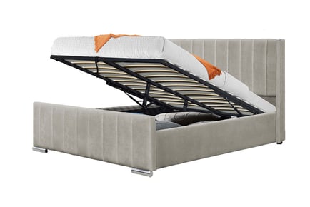 Grey Velvet Wing Panel Bed - Mattress & Storage Options