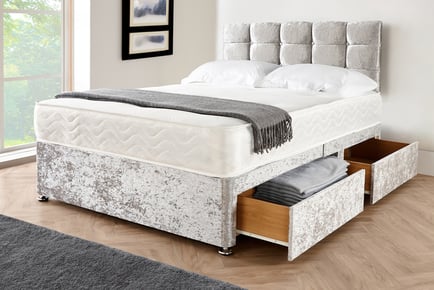 Silver Crushed Velvet Divan Bed Set with Headboard - with Storage Options
