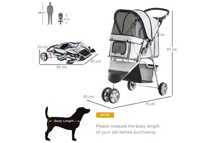 PawHut Dog Stroller, 3-Wheels - Grey