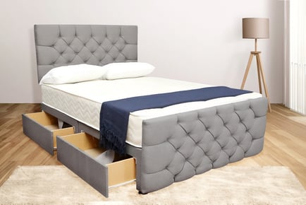 Grey Suede Chesterfield Divan Bed With Mattress & Headboard