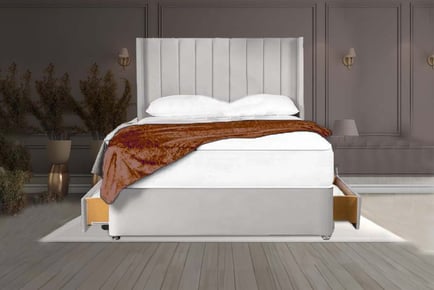 A linen velvet headboard divan bed and mattress, 6ft Super King, 2 Drawers