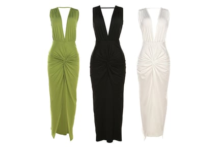 Women's V-Neck Ruched Slit Dress - Black, Green or White!