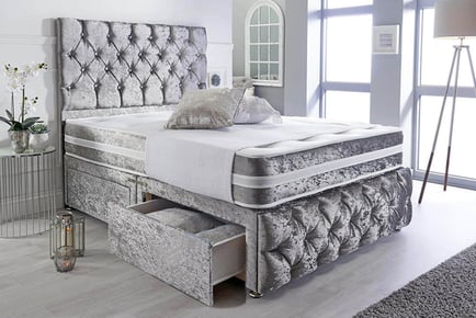 A silver crushed velvet divan bed and mattress, Super King, 2 Drawers