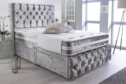 A silver crushed velvet divan bed and mattress, Super King, 2 Drawers