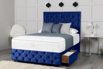 Barcelona Blue Crushed Velvet Divan Bed Set and Mattress - Storage Options