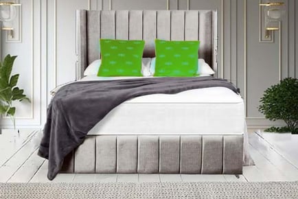 Light grey linen velvet divan bed with mattress, 6ft Super King, 2 Drawers