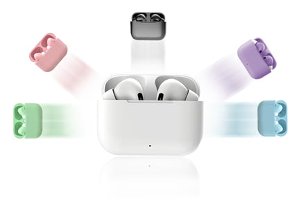 A pair of wireless Bluetooth earbuds, white