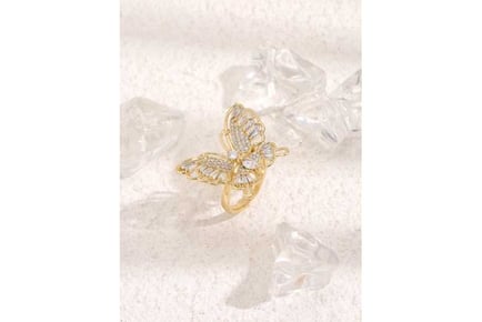 Gold Butterfly With Crystals Open Ring