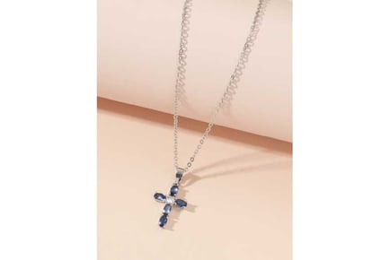 Blue Crystal Cross Silver Necklace