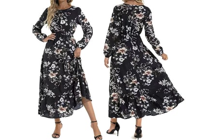 Womens Long Sleeve Floral Print Swing Maxi Dress in 4 Sizes
