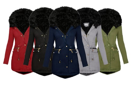 Faux Fur Hood & Parka Zip Up Winter Coat - 8 Sizes!