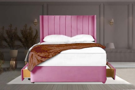 A pink suede Divan bed set, Super King, Two Drawers