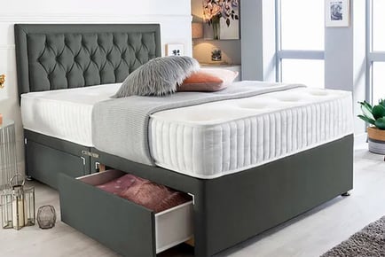 Charcoal suede Divan bed and mattress, Super King, Four Drawers