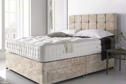 Crushed velvet divan bed with a memory sprung mattress, 6ft Super King, 2 Drawers, Ivory