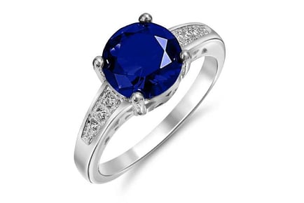 Rhodium Plated Blue Cubic Zirconia Ring