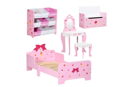 Kids Pink 4in1 Bedroom Furniture Bundle - Bed, Toy Box and More