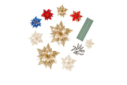 Set of 10 Christmas Tree Flower Decorations in 4 Colours