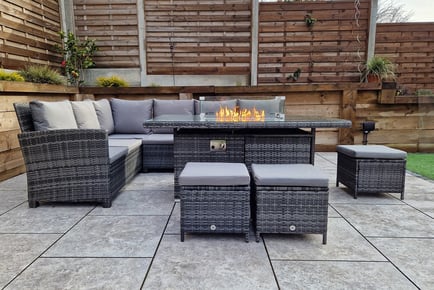 4 Pcs Grey Corner Rattan Garden Dining Set, Regular Offer, With Gas Firepit Table and Cover