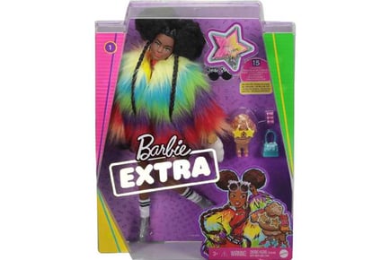 Barbie Extra Doll in Furry Rainbow Coat