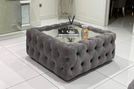 Chesterfield velvet upholstered glass top coffee table, 90x90cm